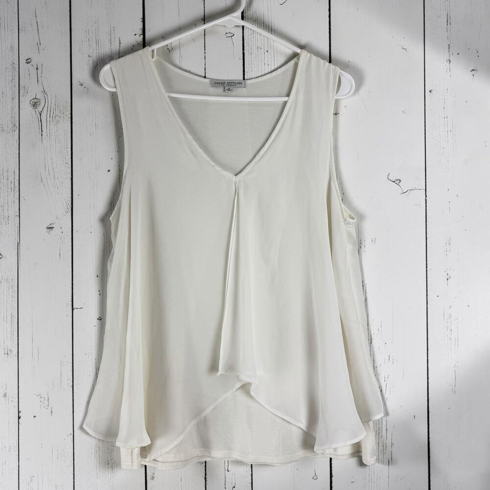 Green Envelope Sleeveless Blouse Medium White Layered Flowy Minimalist